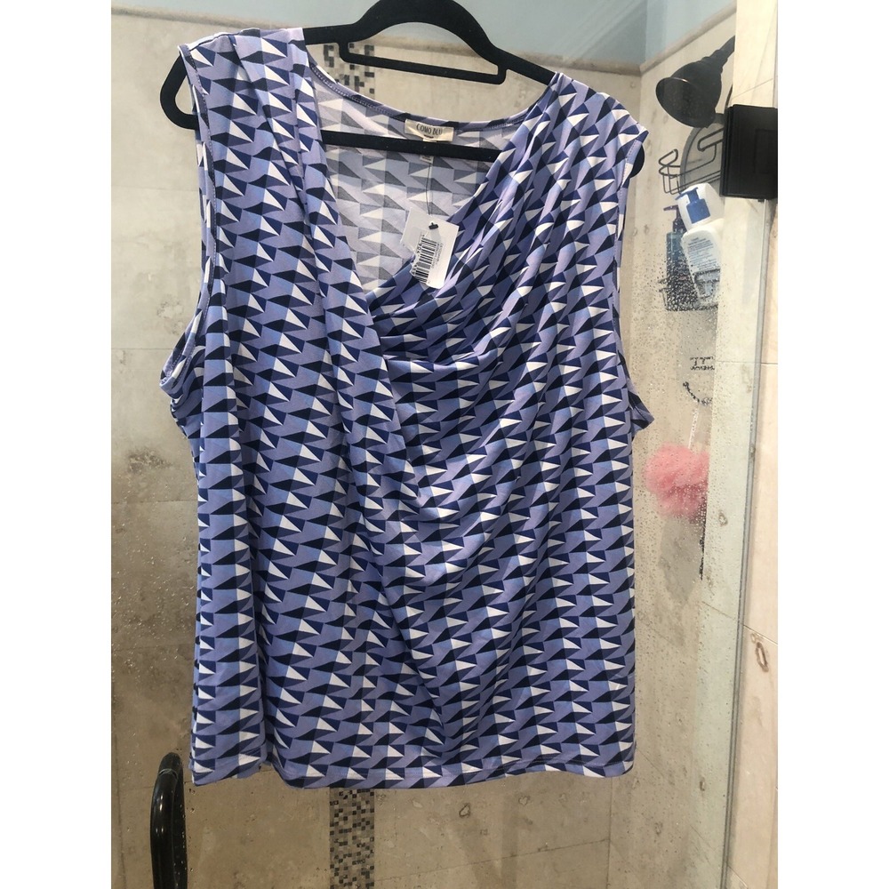 NWT Como Black Sleeveless Blue white Asymmetric Neck Blouse Top Shirt Sz 3X